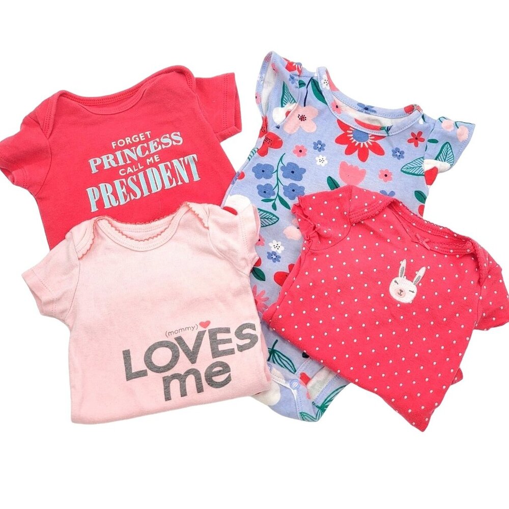 CARTER'S Baby Girl 4-piece Bodysuit Onesie Set Pink Outfits Princess Floral